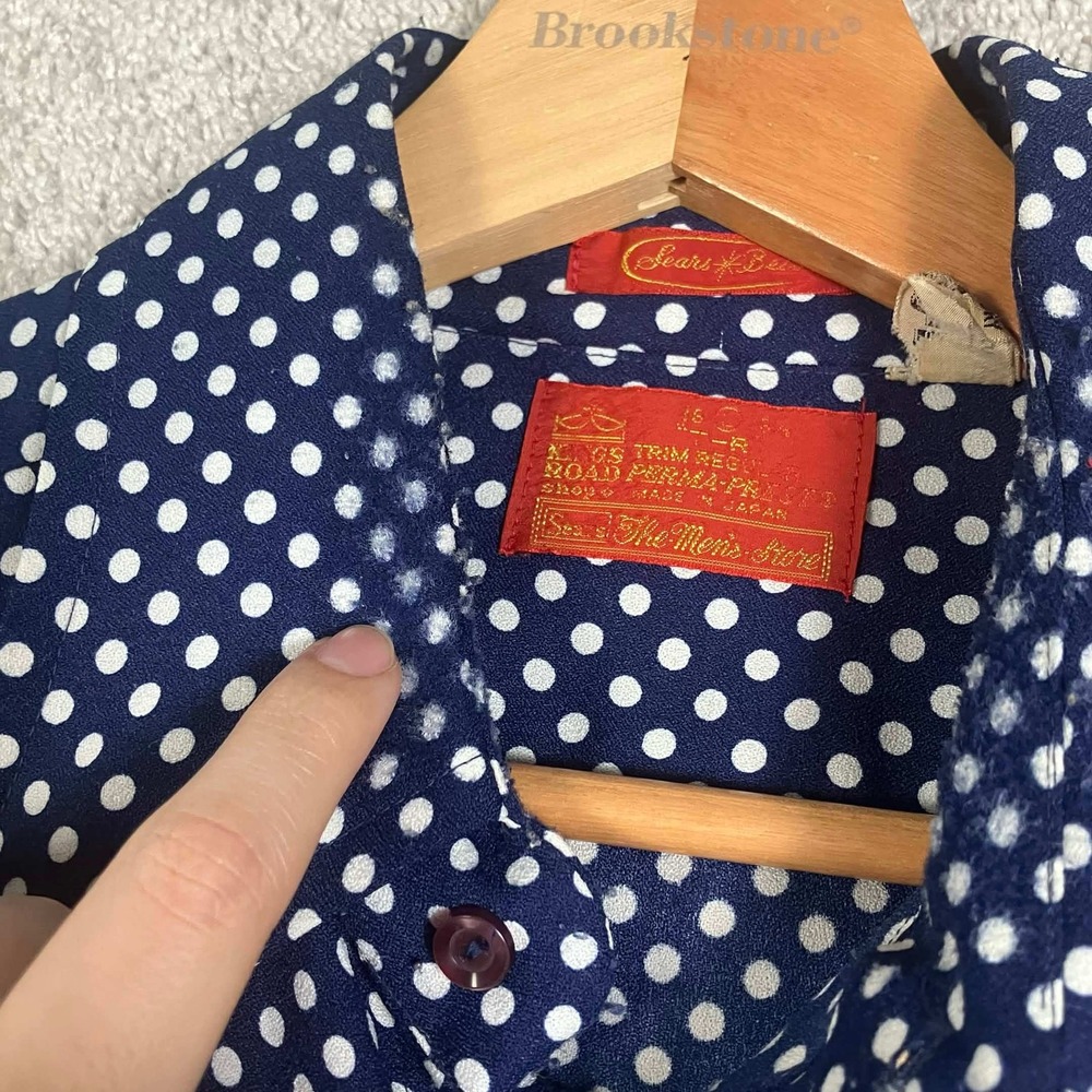 Vintage 70s Sears Kings Road Mens Blue Polka Dot Disco Shirt 16 Large Dagger - Picture 6 of 14